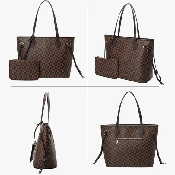 Elegant Brown Patterned Tote Bag with Pouch - Picture 5 of 7